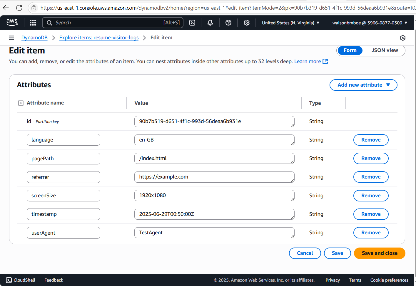 DynamoDB Visitor logs Screenshoot